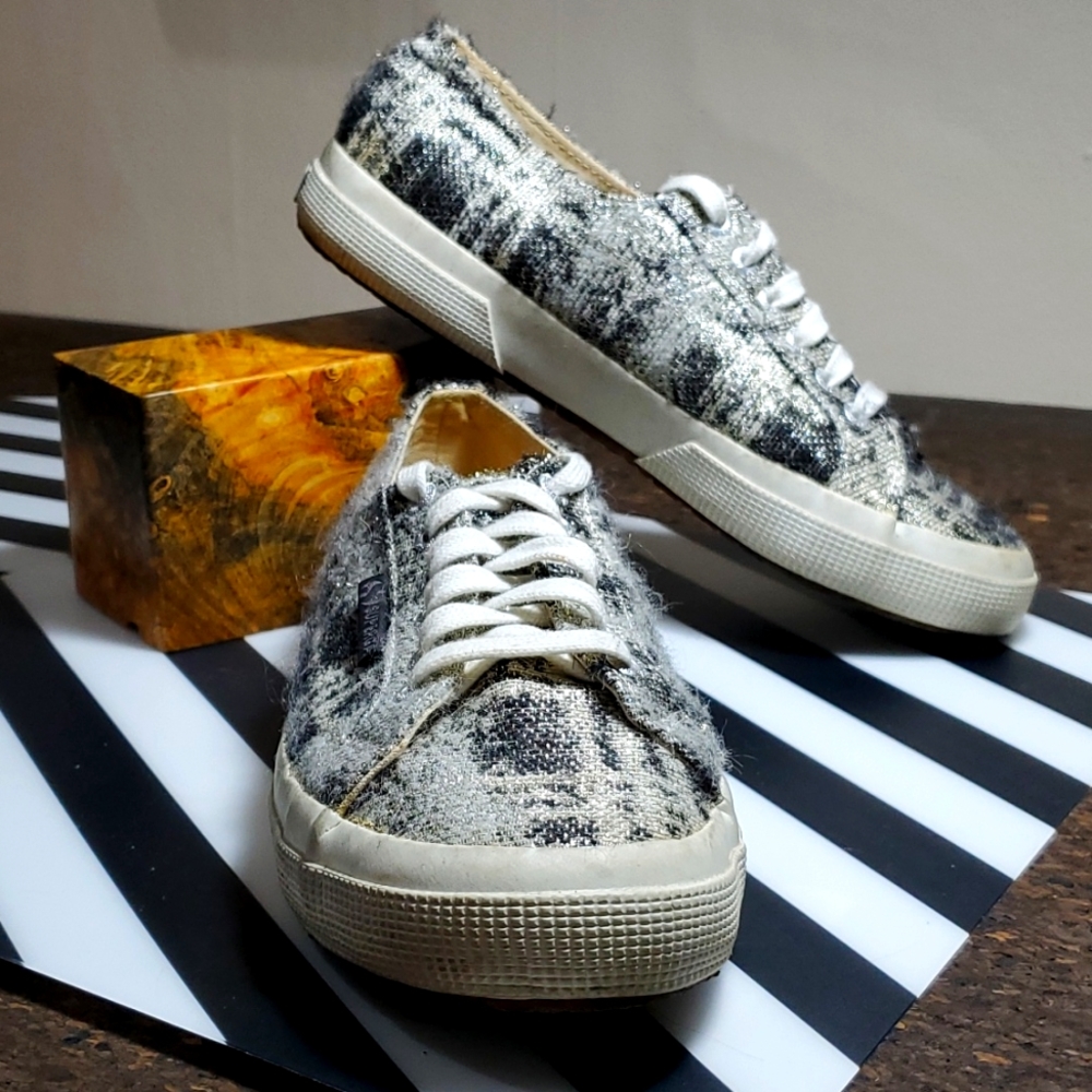 superga man repeller canvas Italian sneaker sparkly plaid fuzzy US9 EUR40